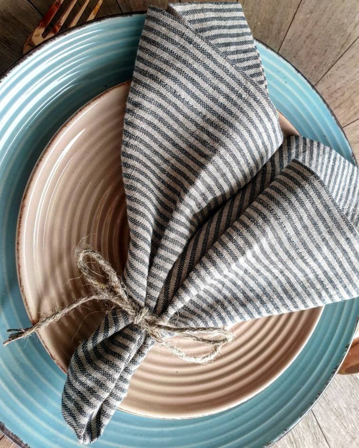 Striped Linen Napkins Set Wide Hem Mitered Corners Natural Etsy