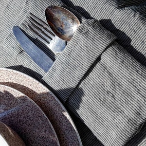Washed striped linen tablecloth wide hem mitered corners, stonewashed farmhouse tablecloth wit stripes, wedding table decor, dining decor image 7