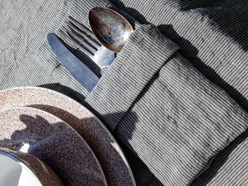 Washed striped linen tablecloth wide hem mitered corners, stonewashed farmhouse tablecloth wit stripes, wedding table decor, dining decor image 7
