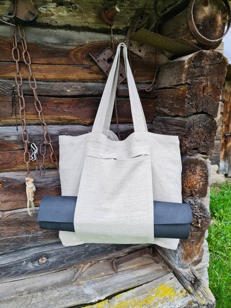 Linen Yoga Bag Rough Linen Tote Bag With Yoga Mat Pocket Etsy