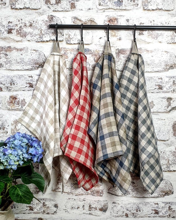 Checked Linen Kitchen Towel, Natural Washed Linen Tea Towels