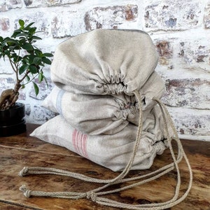 Rustic linen bread bag, grain sack style striped linen bread loaf bag with handmade flax cord organic vegan food storage bag, raw linen sack imagem 6