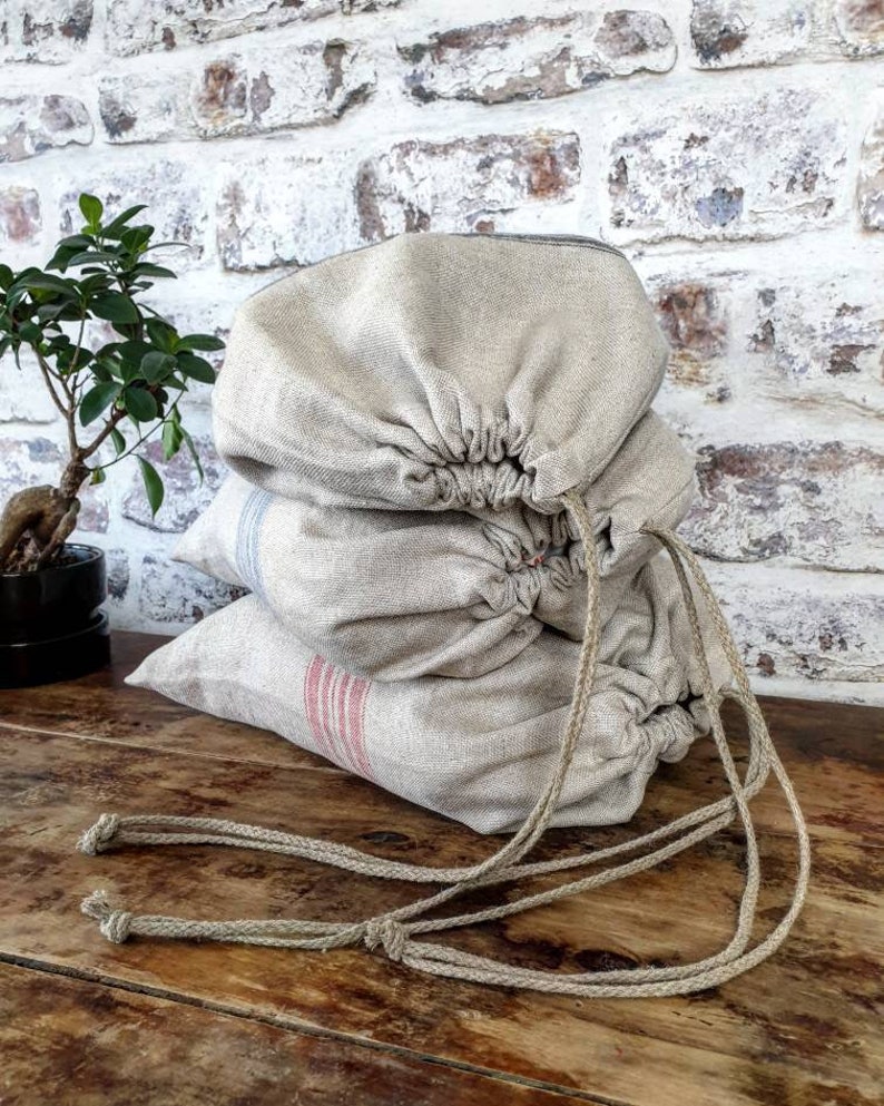 Rustic linen bread bag, grain sack style striped linen bread loaf bag with handmade flax cord organic vegan food storage bag, raw linen sack imagem 6