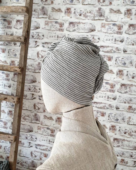 Linen hair turban towel, striped softened linen hair towel, natural linen wrap head hair drying towel, beige bath towel, vegan bath towel