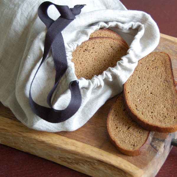 Linen storage bag, organic linen bread bag with black cotton ribbon, organic food storage, raw linen bag, raw flax bag, organic bread bag