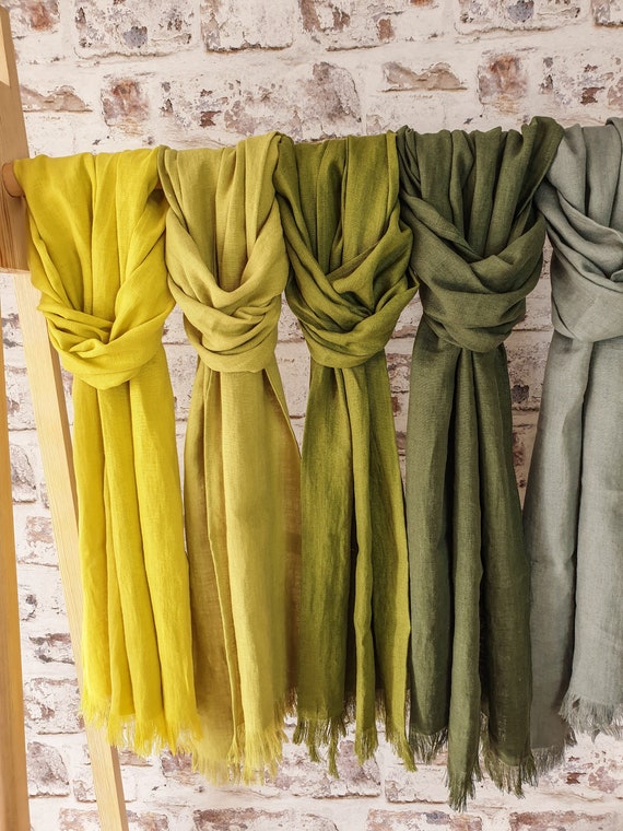 Green Linen Scarf, Fringed Long Purple Yellow Blue Black Turquoise