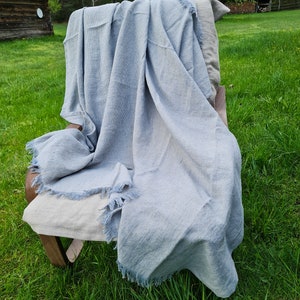 Blue Striped Linen Blanket, Softened Blue Beige Linen Blanket, Striped ...