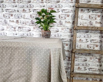 Washed linen tablecloth beige and white dots, stonewashed tablecloth wide hem and mitered corners, natural linen table textile decor
