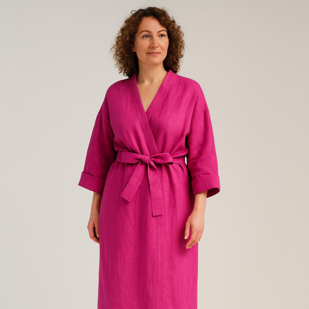 Linen dressing gown with hair turban, wrap kimono robe with pockets and hair wrap, custom color long linen bathrobe, top white wedding robe