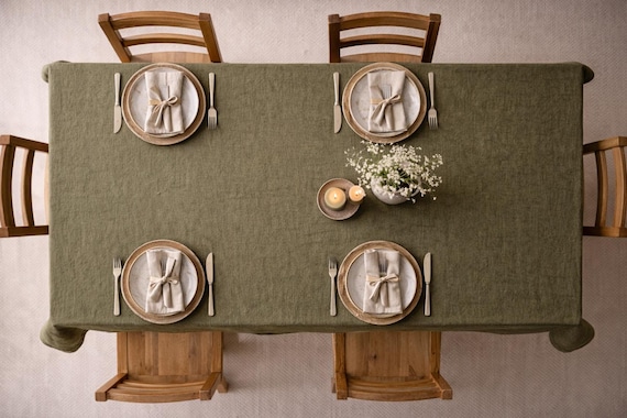Green 100% Linen Tablecloth, Rustic Farmhouse Natural Linen Dining Table Cover, Custom Size, many colors to choose from