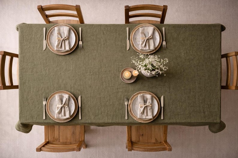 Green 100% Linen Tablecloth, Rustic Farmhouse Natural Linen Dining Table Cover, Custom Size, many colors to choose from image 1