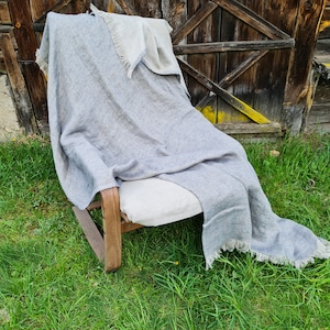 Grey fringed linen blanket, softened linen blanket, doublesided linen throw, linen beach wrap, raw linen throw, melange gray linen cover