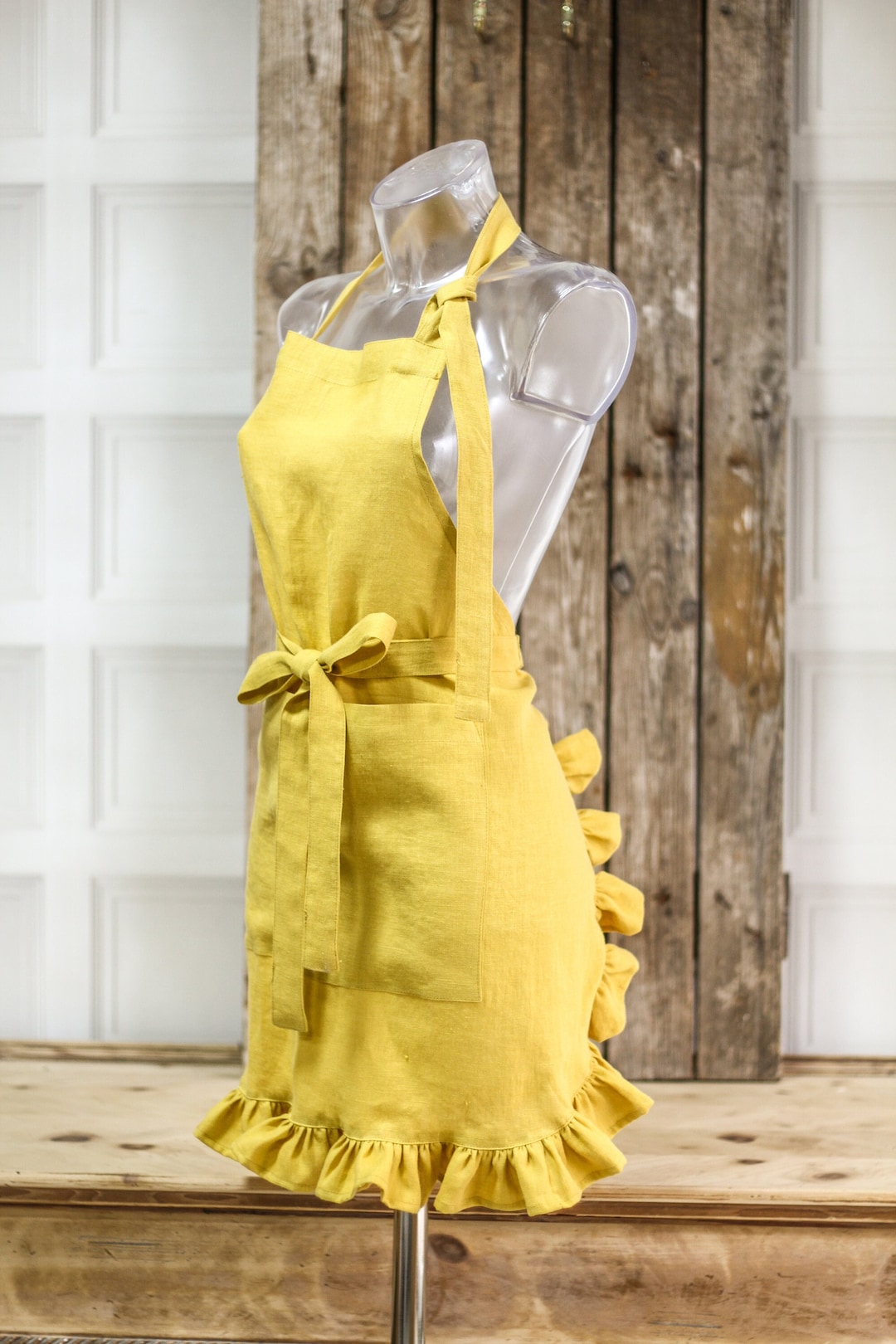 Linen Apron With Ruffles, Ruffled Linen Kitchen Dress, Rustic