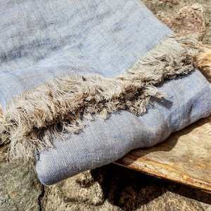 Fringed linen blanket, softened linen blanket, blue beige linen blanket, linen throw, linen beach wrap, raw linen throw, blue linen cover