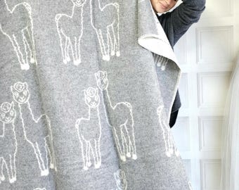 Manta de lana de oveja con estampado de alpaca, manta de lana de doble cara, manta de lana, manta con animales lindos, manta de lana gruesa y pesada