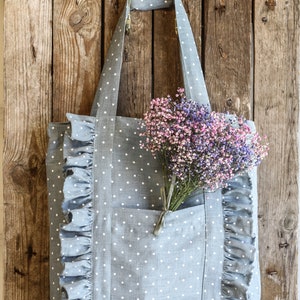 Ruffled tote bag from linen, linen shopping with ruffles custom color, with zipper and ruffles, linen lovely tote bag, image 10