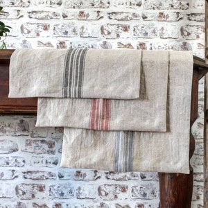 Rustic linen table runner &quot;Burlap&quot; style, striped vintage stonewashed farmhouse table runner, rough textured linen with s stripe in a middle