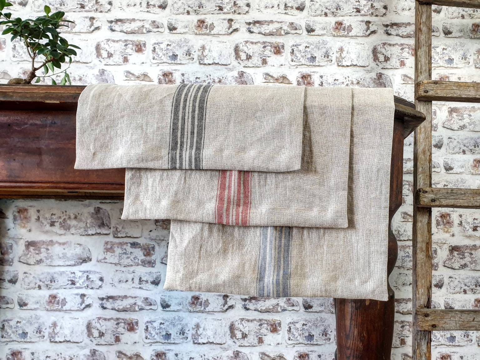 Rustic linen table runner "Burlap" style, striped vintage stonewashed farmhouse table runner, rough textured linen with s stripe in a middle