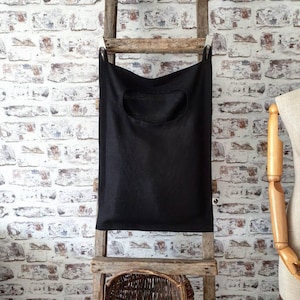 Hanging black linen laundry bag, large laundry hamper bag, rough linen door laundry hook bag, linen dorm bathroom bag hanging on the door