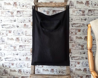 Hanging black linen laundry bag, large laundry hamper bag, raw linen door laundry hook bag, linen dorm bathroom bag hanging on the door