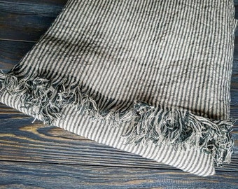 Fringed striped linen blanket, softened black beige linen blanket, striped linen throw, linen beach wrap, linen throw, striped linen cover