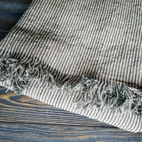 Fringed striped linen blanket, softened black beige linen blanket, striped linen throw, linen beach wrap, linen throw, striped linen cover