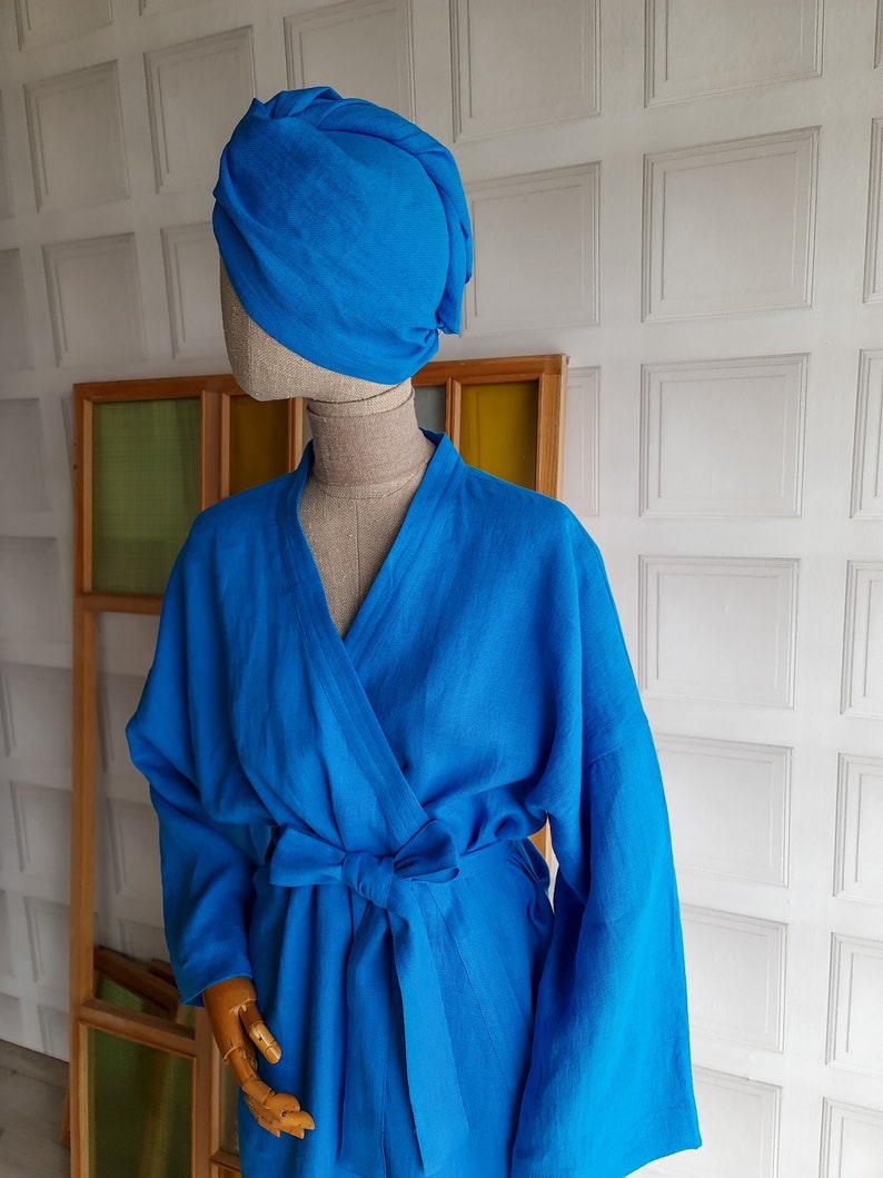 Linen bath robe, soft natural linen kimono robe, stonewashed linen white black beige blue green long robe, raw linen clothes, linen bathrobe image 4
