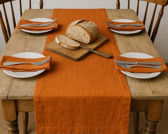 Linen table runner, custom color sand white beige green blue sage blush pink stonewashed farmhouse table center wide hem mitered corners