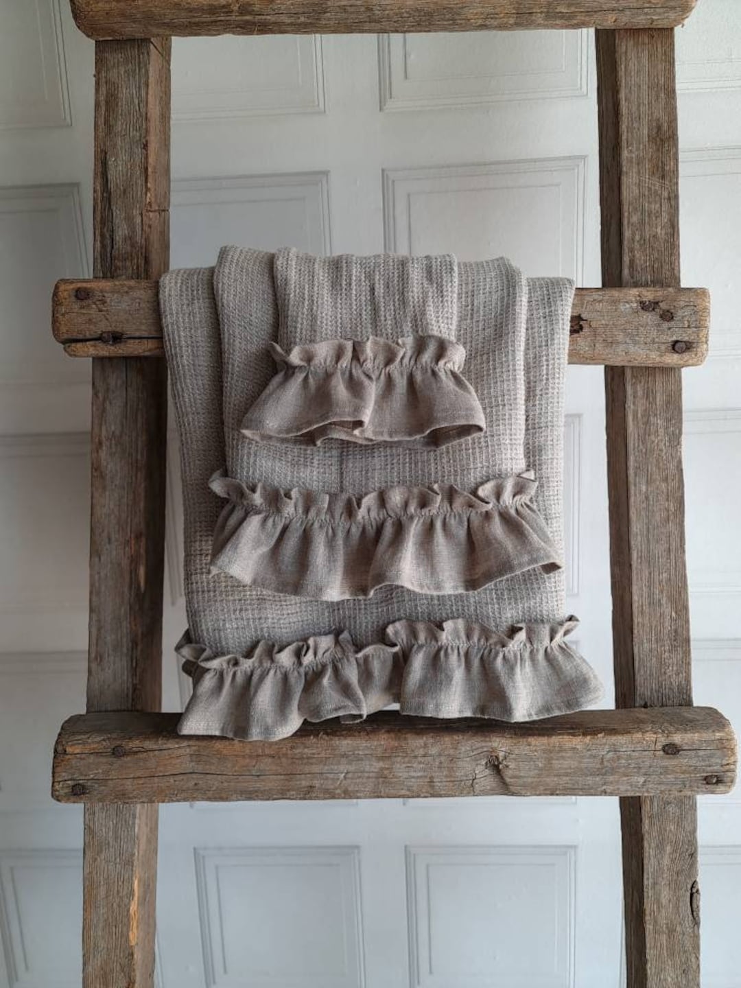 Waffle Linen Bath Towel With Ruffles, Ruffled Sauna Towel, Stonewashed