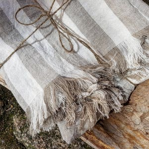 Striped linen blanket, stonewashed linen blanket, linen throw, beach blanket, raw linen throw, fringed blanket, grey striped throw, softened