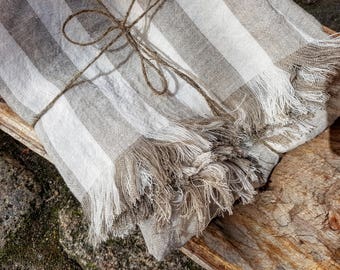 Striped linen blanket, stonewashed linen blanket, linen throw, beach blanket, raw linen throw, fringed blanket, grey striped throw, softened