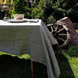 Washed striped linen tablecloth wide hem mitered corners, stonewashed farmhouse tablecloth wit stripes, wedding table decor, dining decor image 3