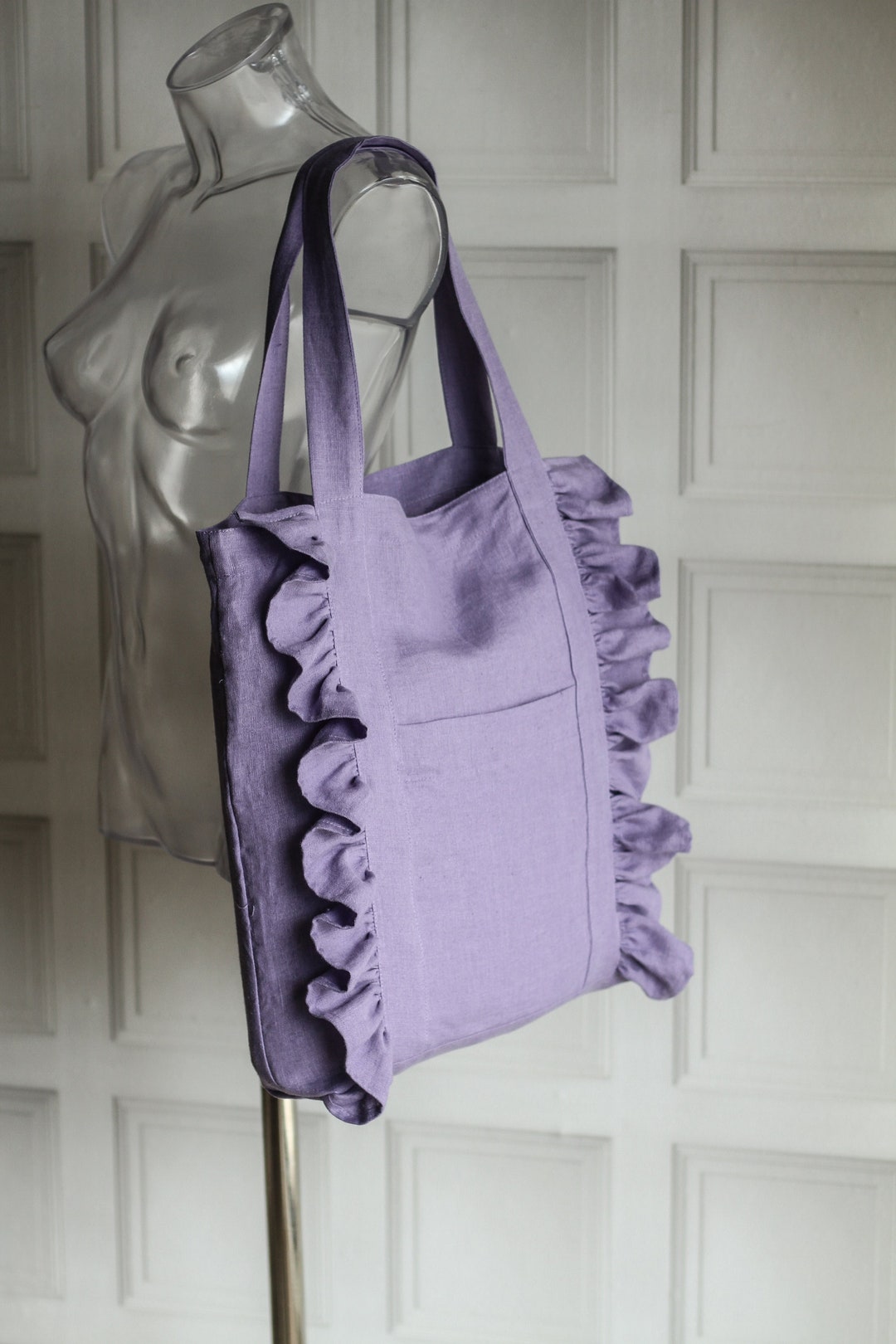 Linen Tote With Ruffle Detail, Linen Shopping With Ruffles Custom Color ...