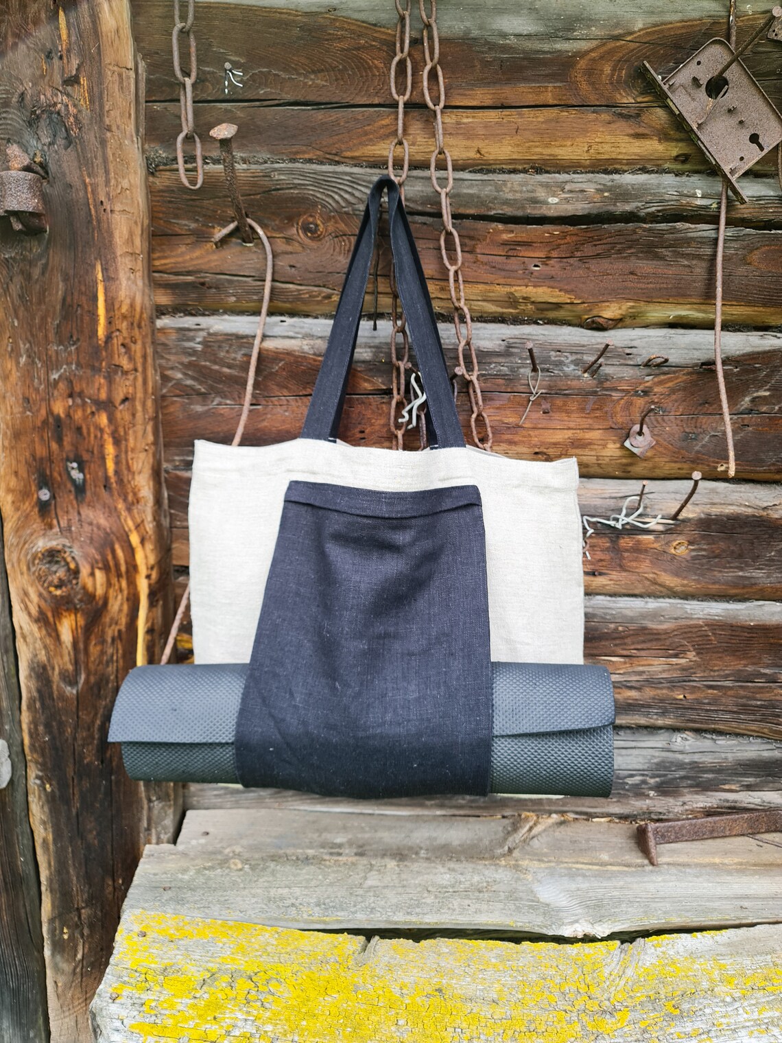 Linen Yoga Bag Rough Linen Tote Bag With Yoga Mat Pocket Etsy