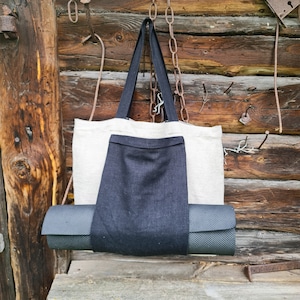 Linen yoga bag, rough texture linen tote bag with yoga mat pocket, burlap bag, big raw linen beach bag, rustic tote bag with black pocket