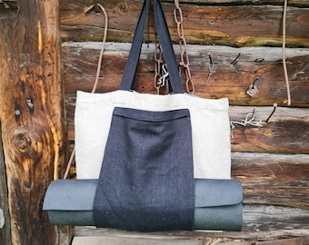 Linen yoga bag, rough texture linen tote bag with yoga mat pocket, burlap bag, big raw linen beach bag, rustic tote bag with black pocket