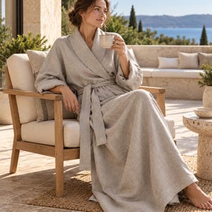 Robe de vestir 100% linho, quimono de linho natural, roupão longo bege rústico vintage de linho.