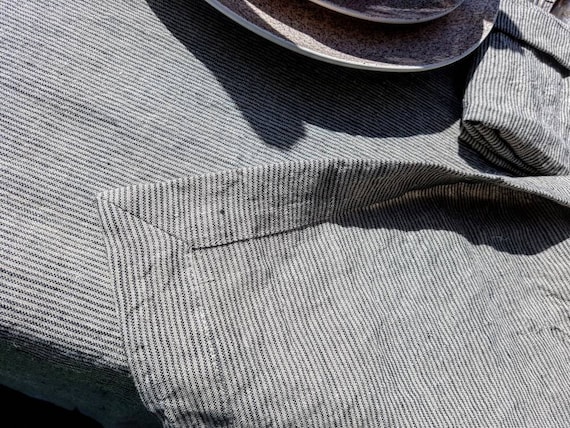 Washed striped linen tablecloth wide hem mitered corners, stonewashed farmhouse tablecloth wit stripes, wedding table decor, dining decor