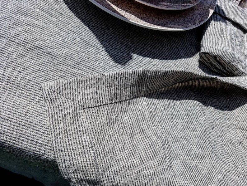 Washed striped linen tablecloth wide hem mitered corners, stonewashed farmhouse tablecloth wit stripes, wedding table decor, dining decor image 1