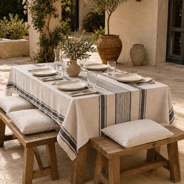 Farmhouse Stripe Linen Tablecloth, Heavy French stripe Linen Table Cloth, Green Striped Long Tablecloth, Custom Size Blue, Red or Black