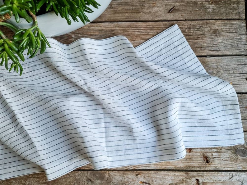 Striped linen table runner, rustic linen table decor, white linen farmhouse table center wide hem mitered corners, long linen table runner image 1