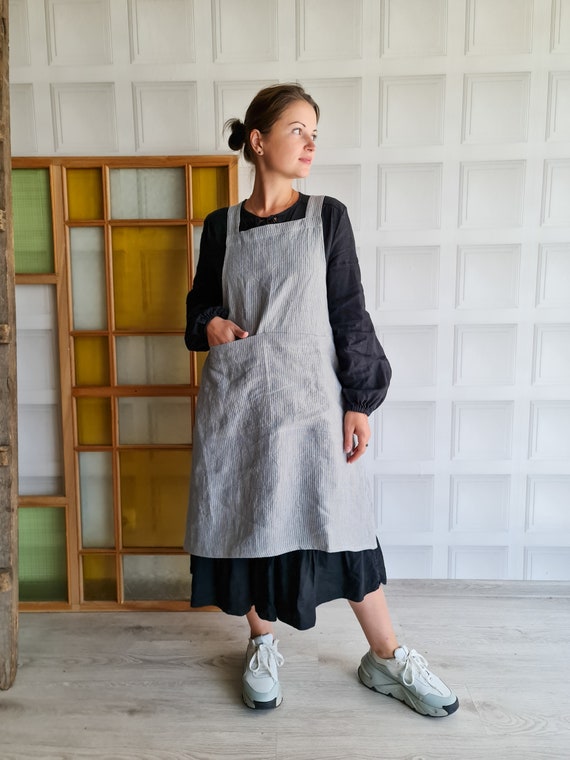 Japanese Cross Back Linen Apron. Japanese Apron. Linen Cross Over Apron. No  Ties Linen Apron. Pinafore Apron for Woman. 