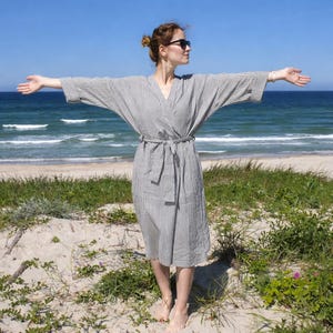 Striped linen bath robe, natural linen kimono robe, stonewashed linen black beige long robe, raw linen clothes, oversized linen bathrobe