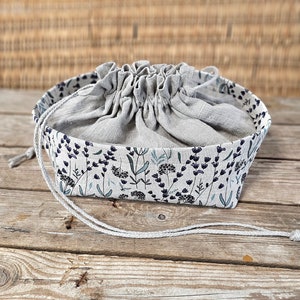 Linen bread basket with lavender flower pattern, raw linen bread box, drawstring bread serving, coarse texture natural linen large loaf bag