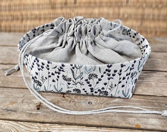 Linen bread basket with lavender flower pattern, raw linen bread box, drawstring bread serving, coarse texture natural linen large loaf bag