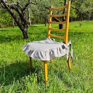 Striped linen chair cover, ruffled chair cover, stonewashed linen chair cover with ruffles, shabby chair cover, linen rustic chair slipcover