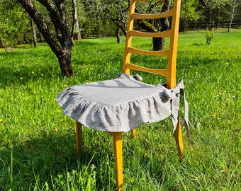 Striped linen chair cover, ruffled chair cover, stonewashed linen chair cover with ruffles, shabby chair cover, linen rustic chair slipcover