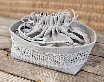 Linen bread basket with lace detail, raw linen bread box with a drawstring top, bread storage serving, rough linen large bread loaf bag