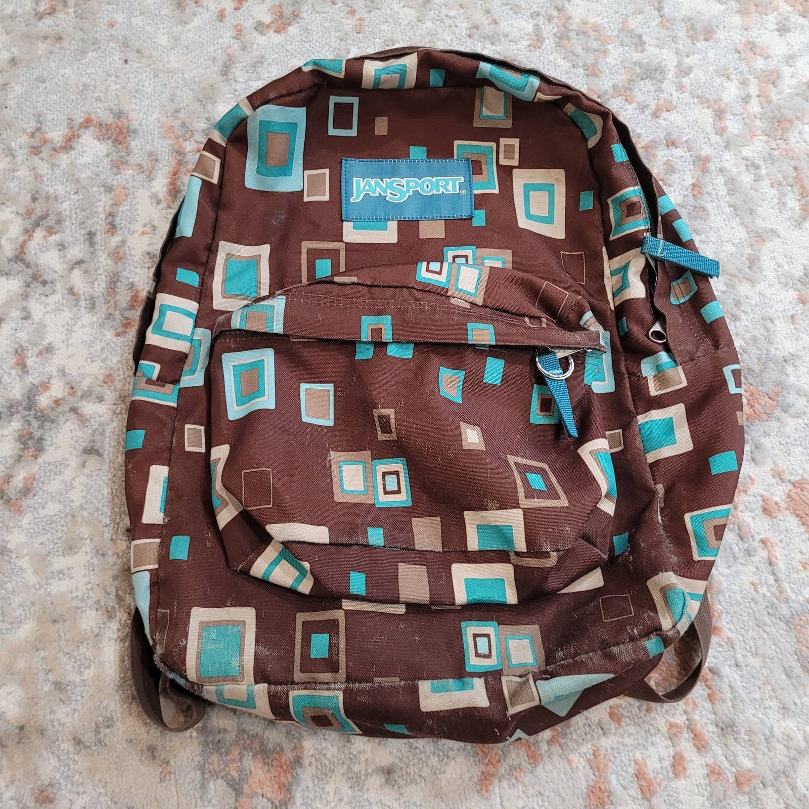 Vintage Y2K Jansport Backpack With Blue and Brown Geometric