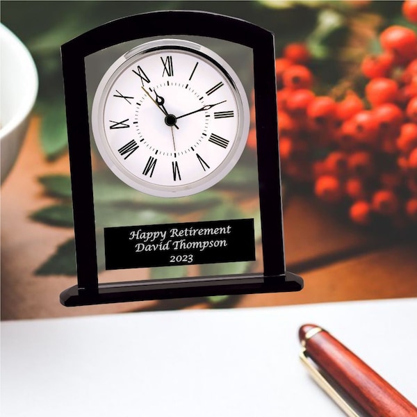 Personalized Desk Clock with Engraved Plate - Wedding Anniversary Clock - Retirement Clock - Custom Engraved Black Glass Clock